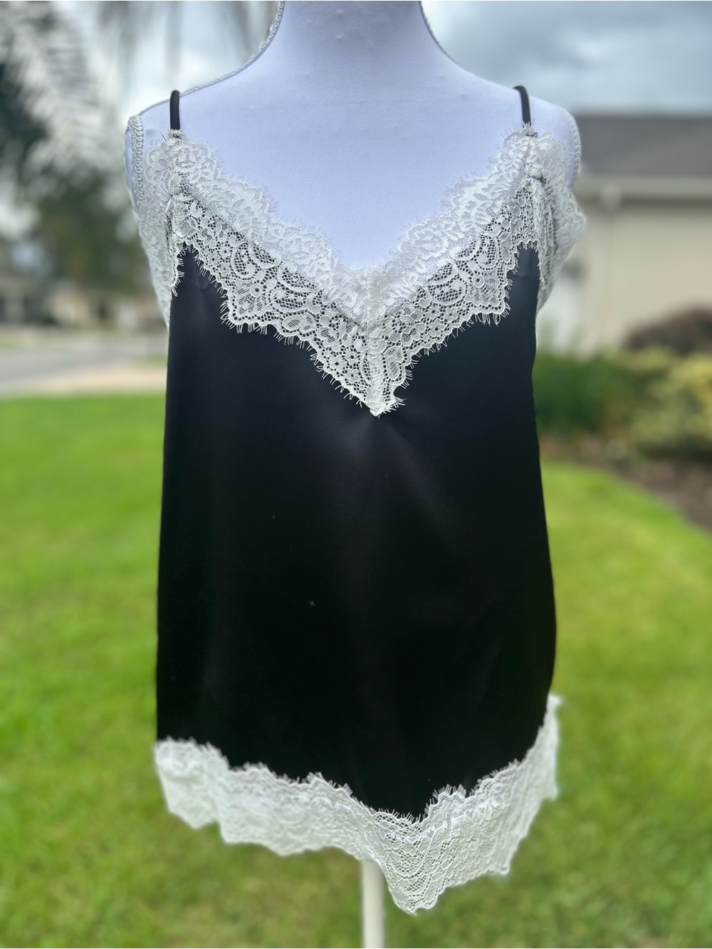NWT🌷EXPRESS Black Satin Chemise with White Lace Trim